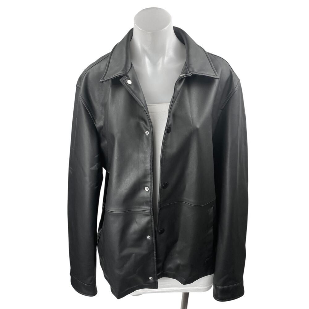Zara Women's Black Faux Leather Vegan Snap Long Sleeve Moto Jacket Size M